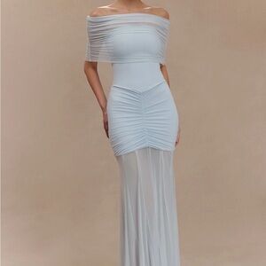 Meshki Caspian
Slinky And Mesh Off Shoulder Maxi Dress - Pale Blue